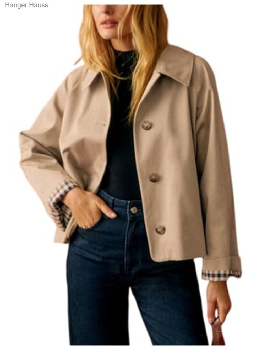 Oversize Trench Coat Plaid Lining Lapel Button Crop Casual Jacket